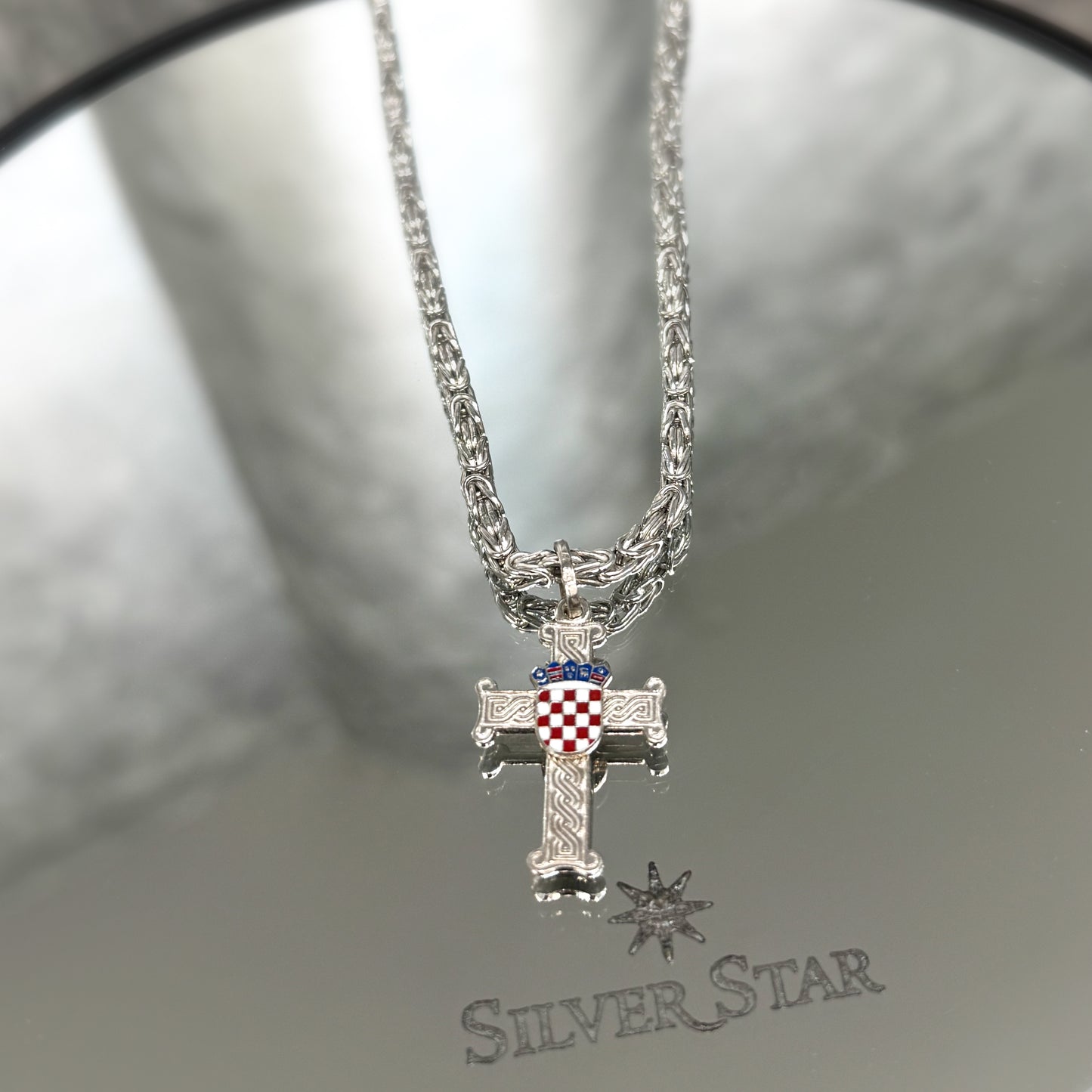 Srebrni lanac kraljevski vez sa križem hrvatski pleter i grbom - Silver Star