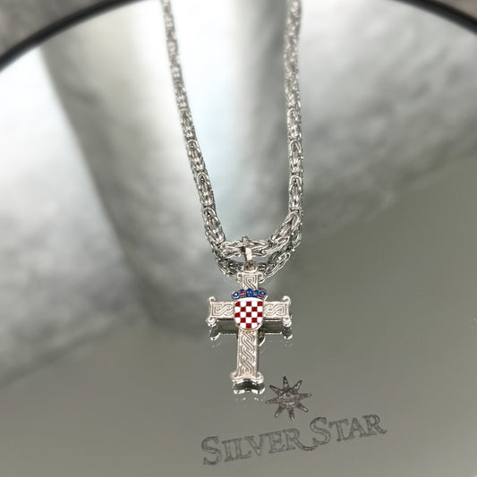 Srebrni lanac kraljevski vez sa križem hrvatski pleter i grbom - Silver Star