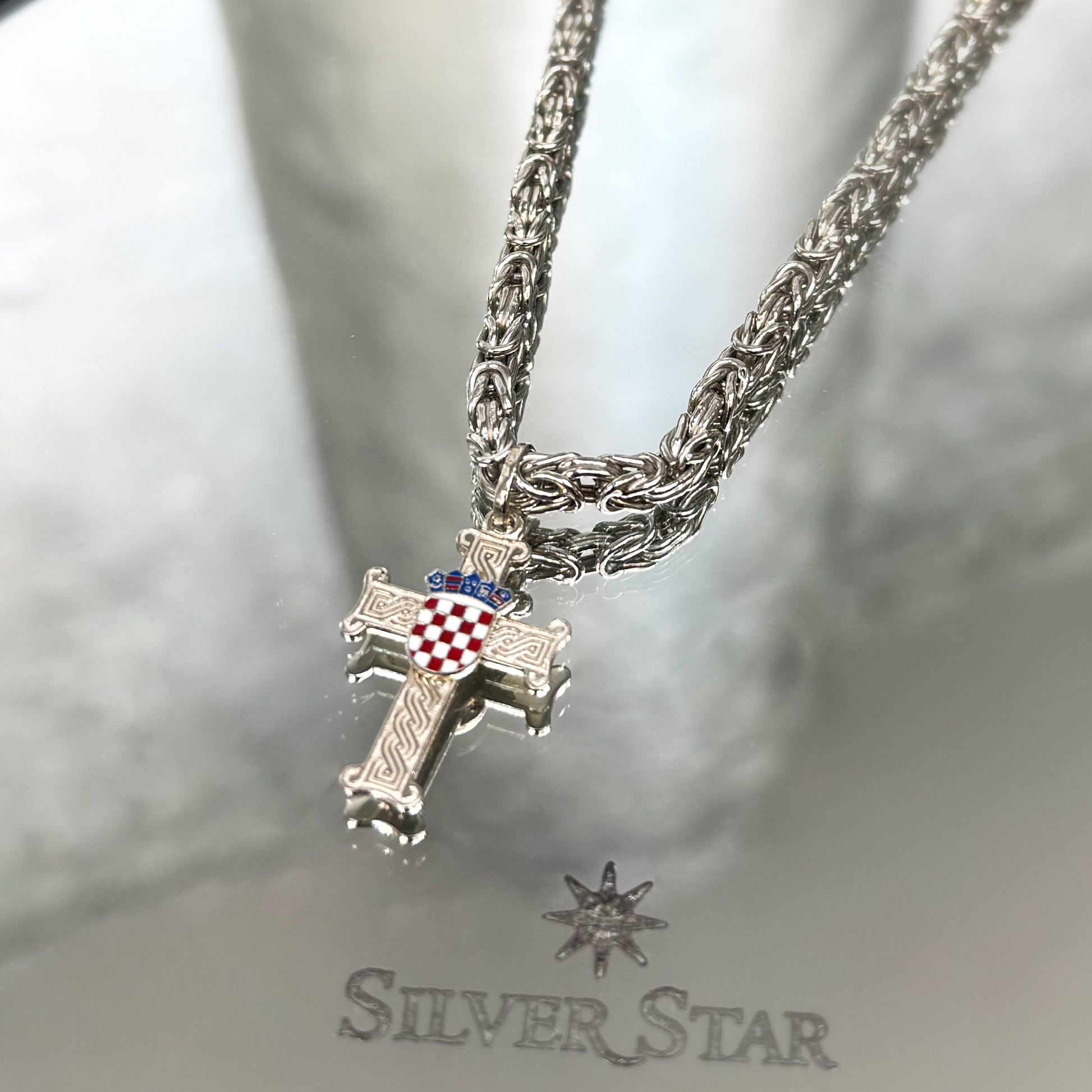 Srebrni lanac kraljevski vez sa križem hrvatski pleter i grbom - Silver Star