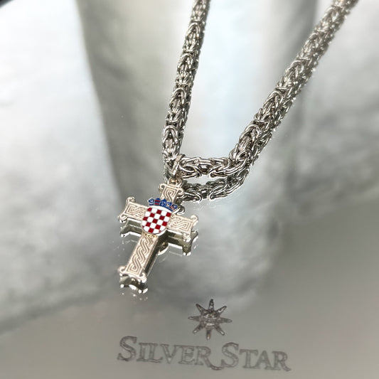 Srebrni lanac kraljevski vez sa križem hrvatski pleter i grbom - Silver Star